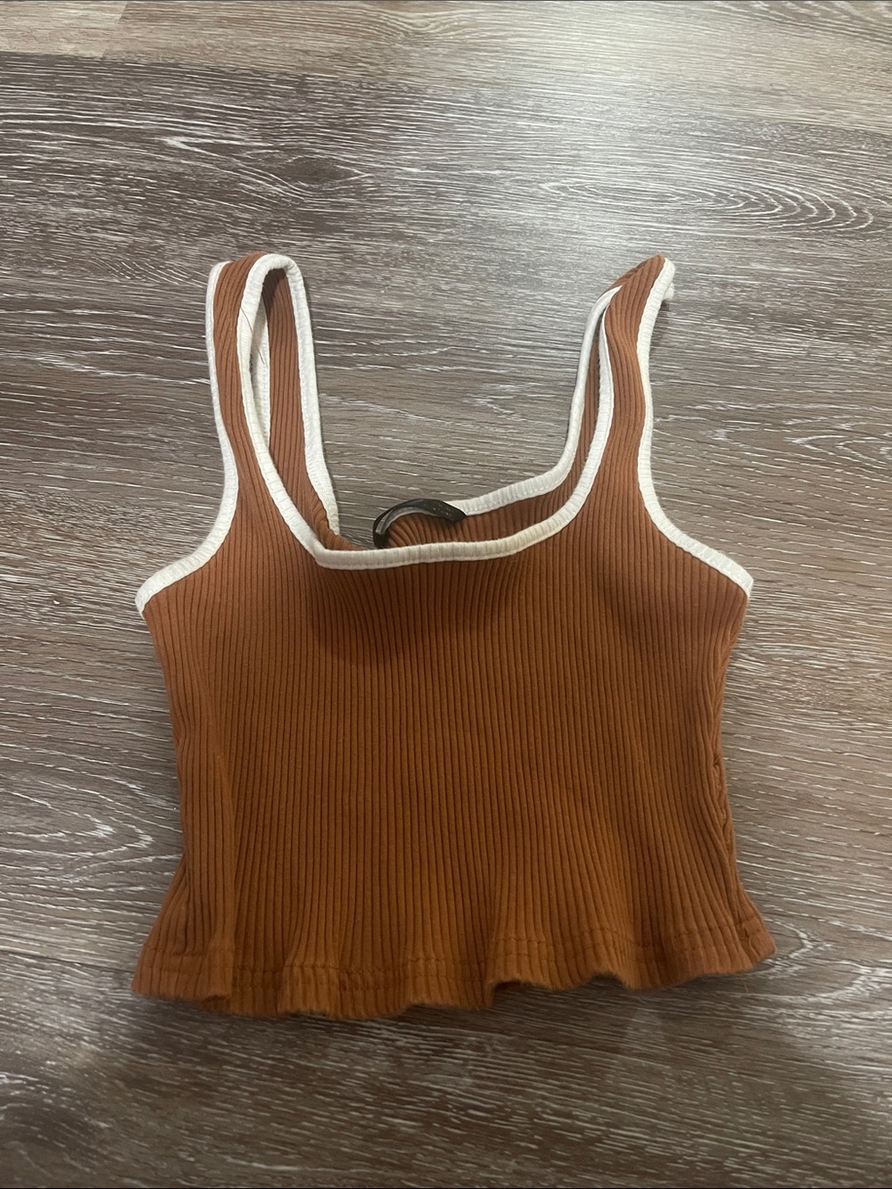 SHEIN Brown Ribbed Crop Tank with White Trim